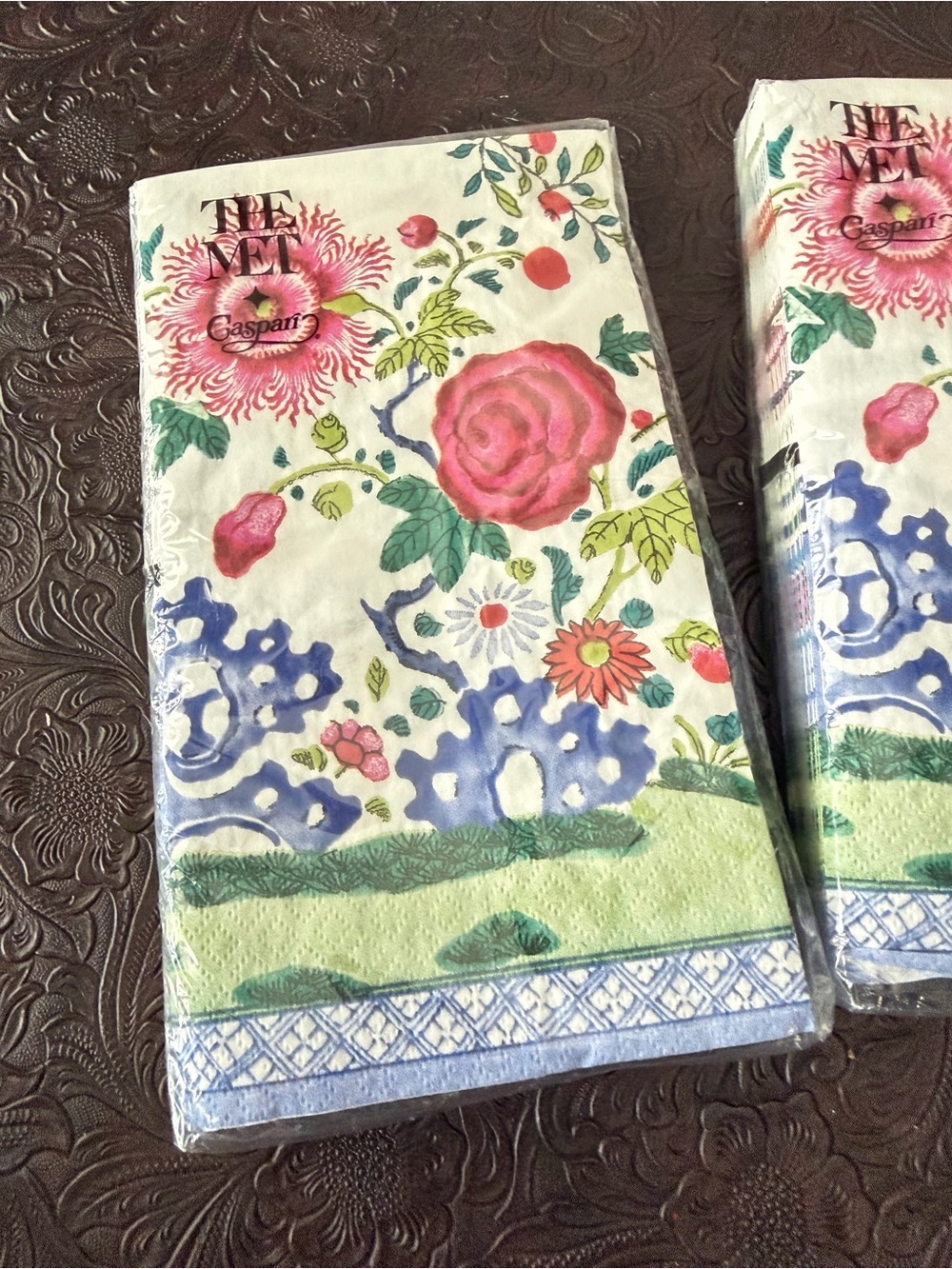 Two Caspari Floral Decorative Paper Napkins with Pink Roses and Blue Accents